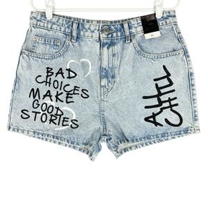 FB Sister Women's Blue Denim Shorts Size XL Text Print Zip Closure 5-Pockets NWT